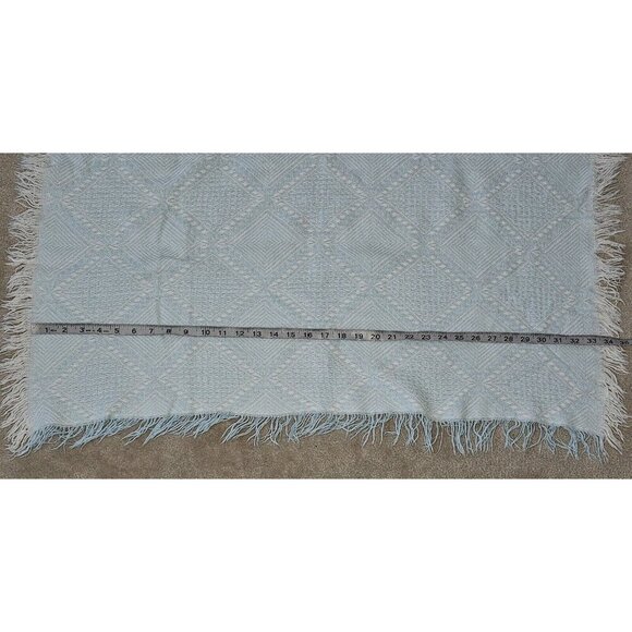 VTG Nordstrom Knit Baby Blanket Acrylic Blue White Diamond Pattern Fringe 33x33 - Picture 3 of 6